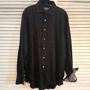 Zagiri Black Damask White Embroidery Button Up Long Sleeve Shirt XL